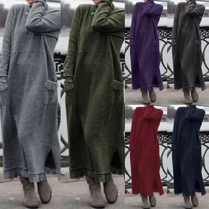 Women's long knit maxi dress with side slits and patch pockets Mune Fashion