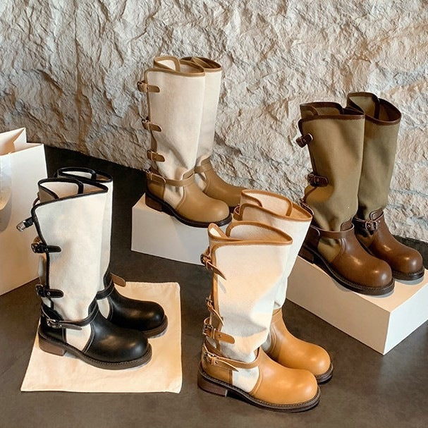 Ladies knee-high leather-canvas boots with adjustable buckles Mune Fashion