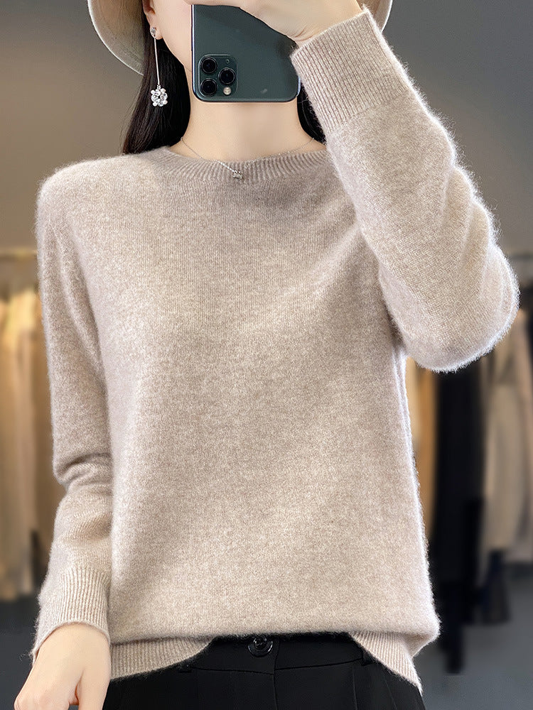 Ladies luxurious fine knit round neck sweater with soft fluffy finish and narrow cuff shape Mune Fashion