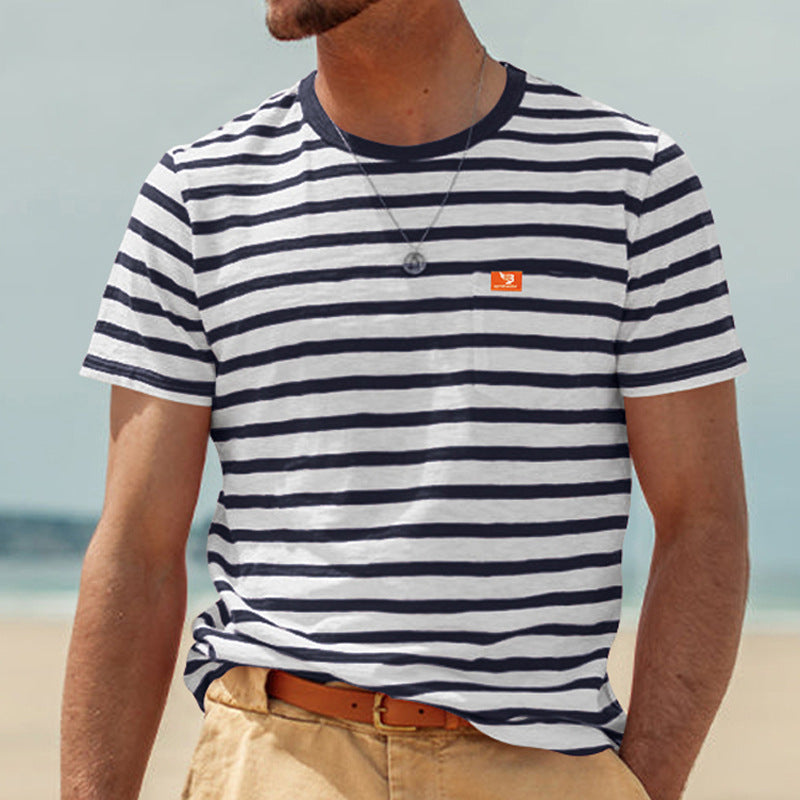 Men's striped short-sleeve T-shirt made of cotton jersey with chest pocket and contrasting round neckline Mune Fashion