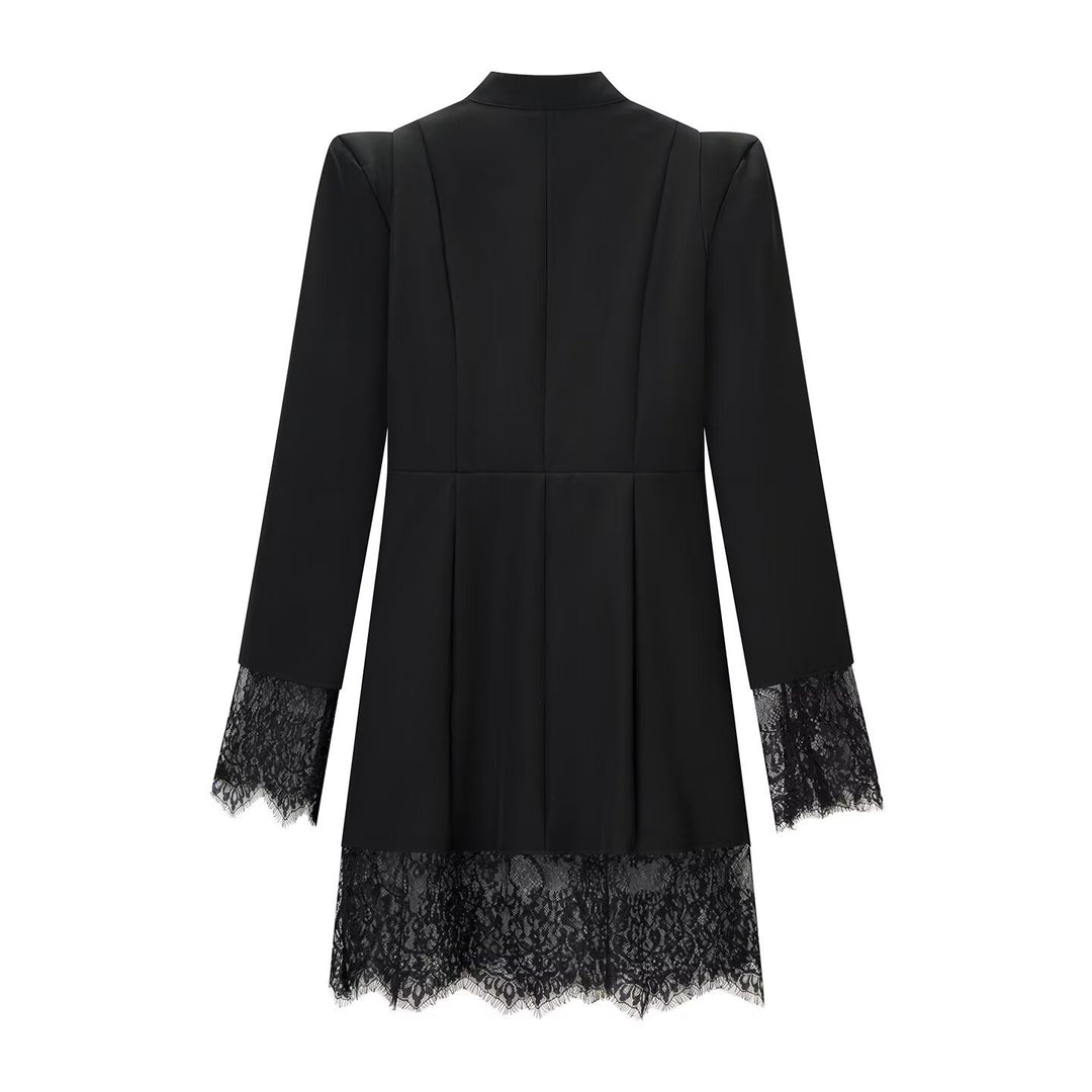 Women's Long Sleeve Mini Dress with Stand Collar, Cut-outs, Golden Decorative Buttons and Lace Trim Mune Fashion