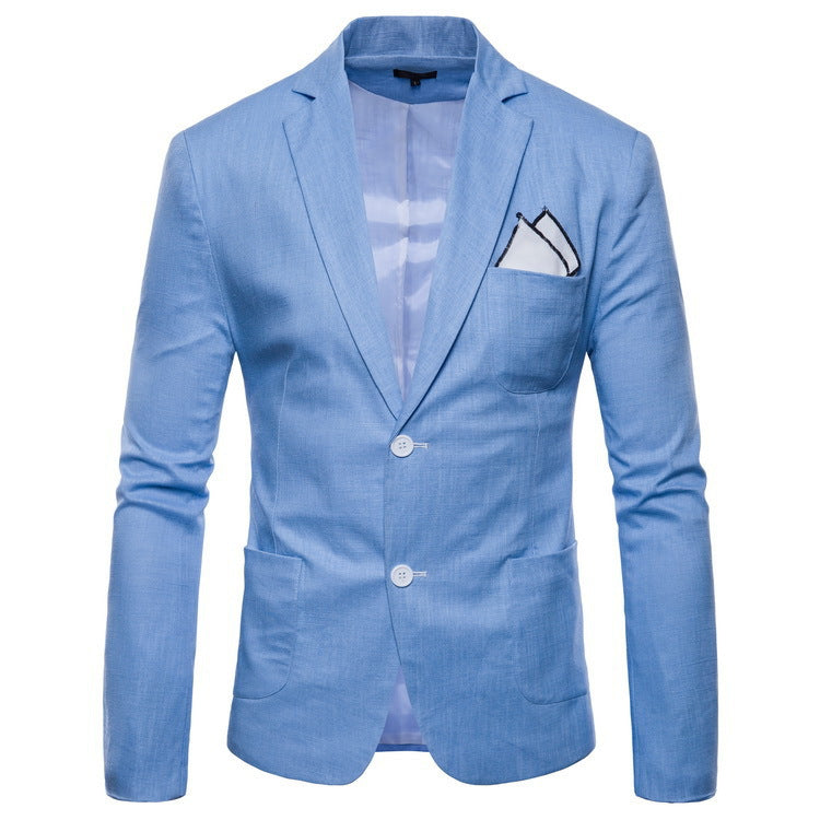 Men's elegant tailored linen blazer with notched collar, contrast buttons, and pocket square detail Mune Fashion