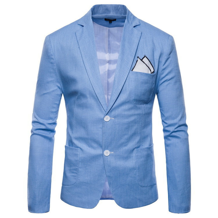 Men's elegant tailored linen blazer with notched collar, contrast buttons, and pocket square detail Mune Fashion