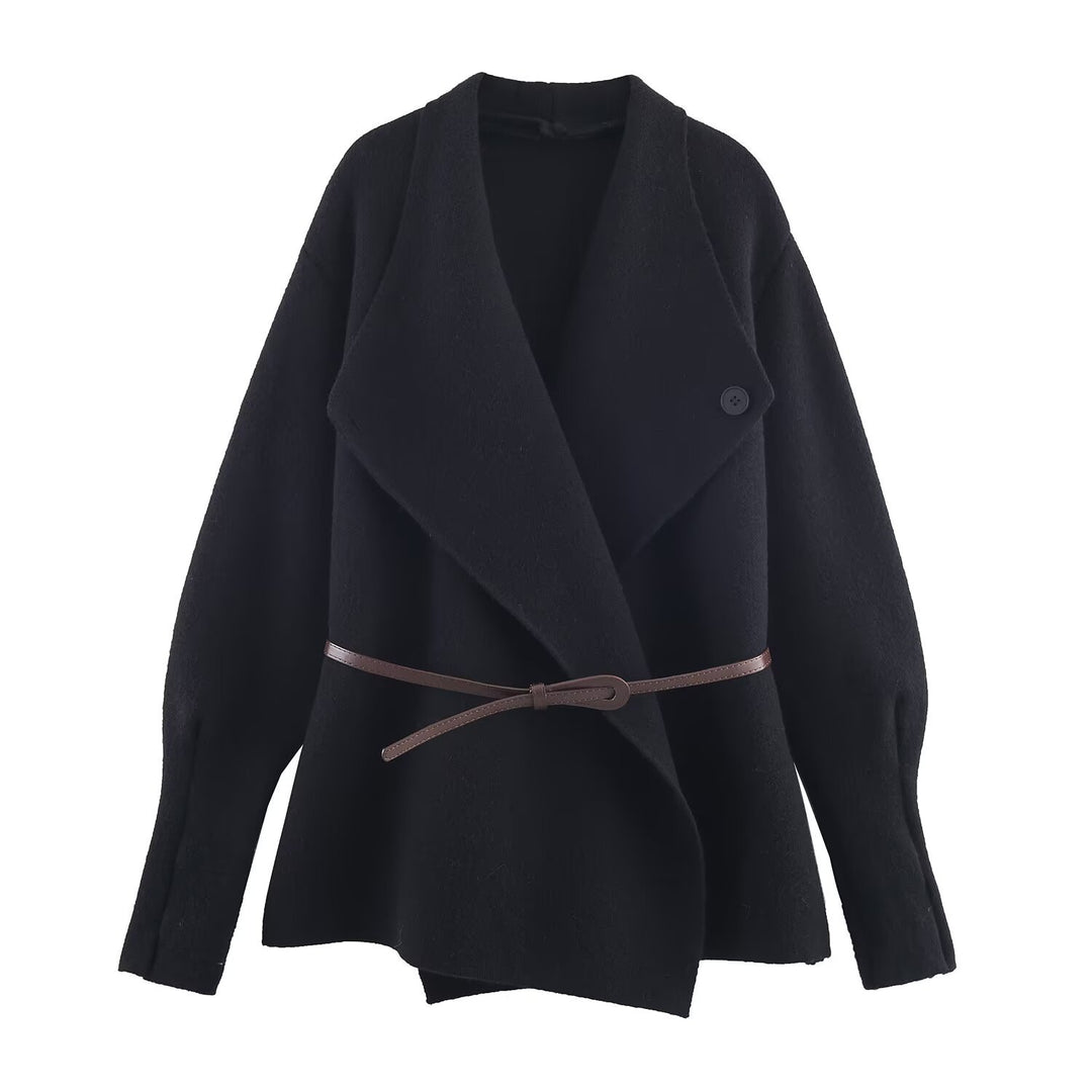 Women’s Wrap Coat with Oversized Shawl Collar and Waist Belt Mune Fashion