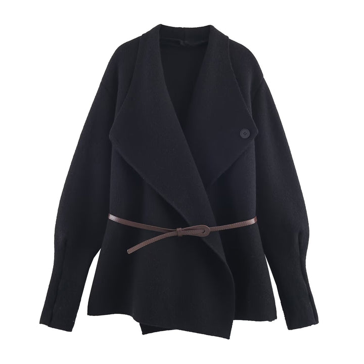 Women’s Wrap Coat with Oversized Shawl Collar and Waist Belt Mune Fashion
