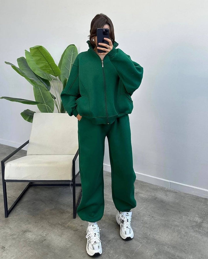 Women Oversized Fleece Set with Zipper Jacket and Loose Jogging Pants Mune Fashion