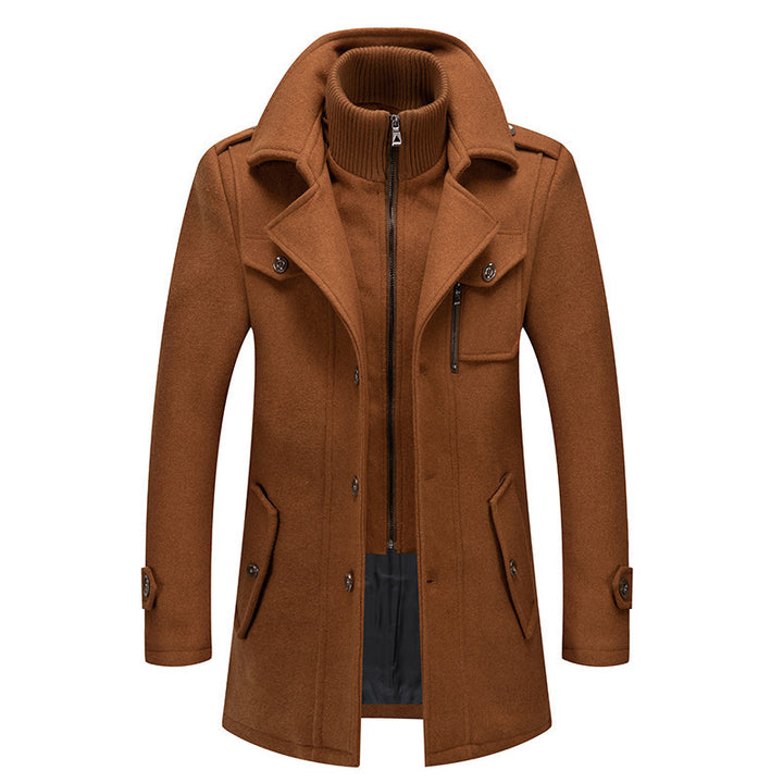 Men's elegant double-breasted wool coat with removable knit collar and concealed zipper Mune Fashion