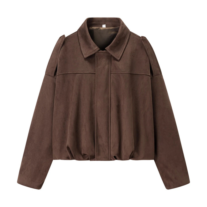 Women's cropped boxy blouse jacket with shirt collar, concealed front placket, and elastic hem Mune Fashion