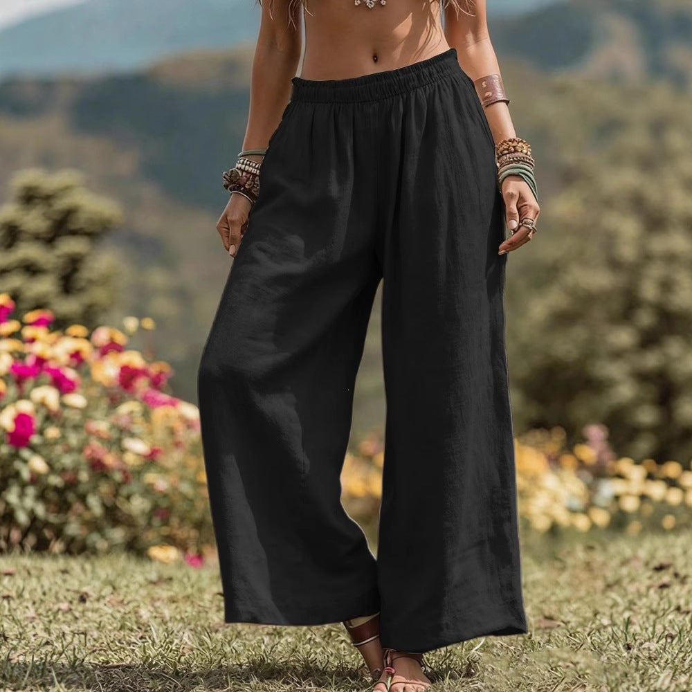 Women's Wide Linen Look Palazzo Pants with Elastic Waistband and Pockets Mune Fashion