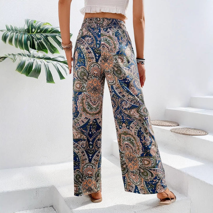 Ladies Palazzo Pants with Wide Leg, Elastic Smocked Waistband and Paisley Print Mune Fashion