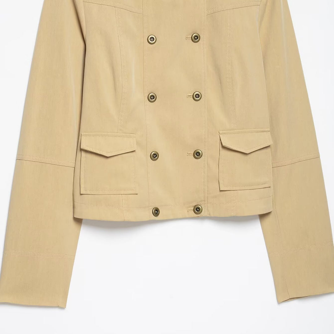 Ladies Short Double-Breasted Utility Jacket with Stand Collar and Flap Pockets Mune Fashion