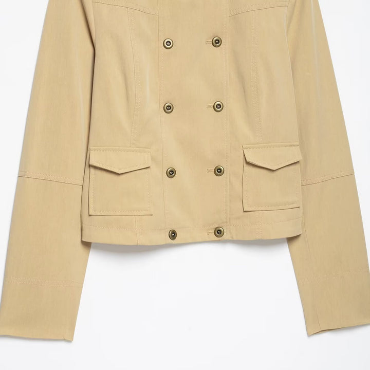 Ladies Short Double-Breasted Utility Jacket with Stand Collar and Flap Pockets Mune Fashion