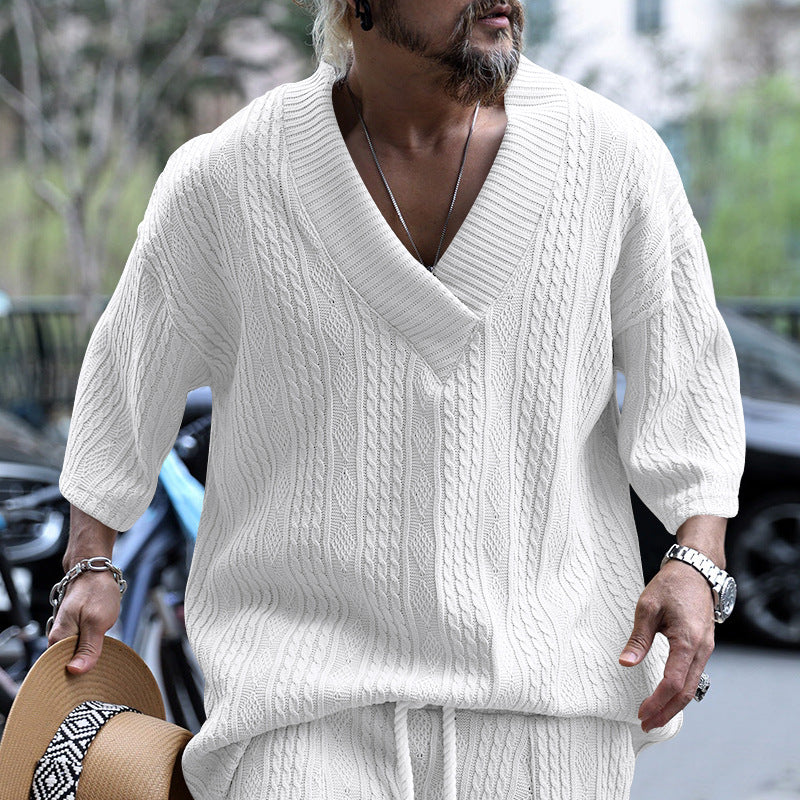Men's oversized chunky knit sweater with deep V-neck and three-quarter sleeves Mune Fashion