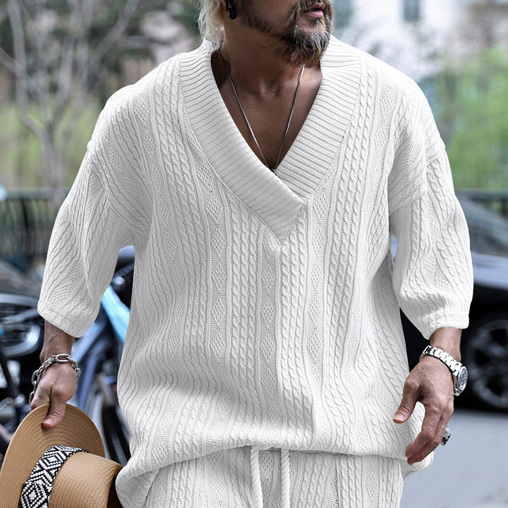 Men's oversized chunky knit sweater with deep V-neck and three-quarter sleeves Mune Fashion