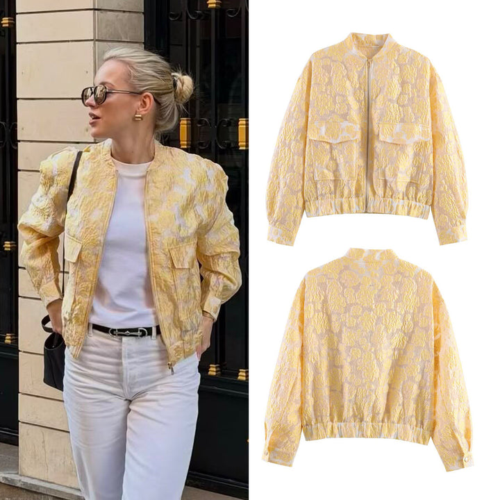 Women's Embossed Bomber Jacket with Floral Jacquard, Zipper and Patch Pockets Mune Fashion