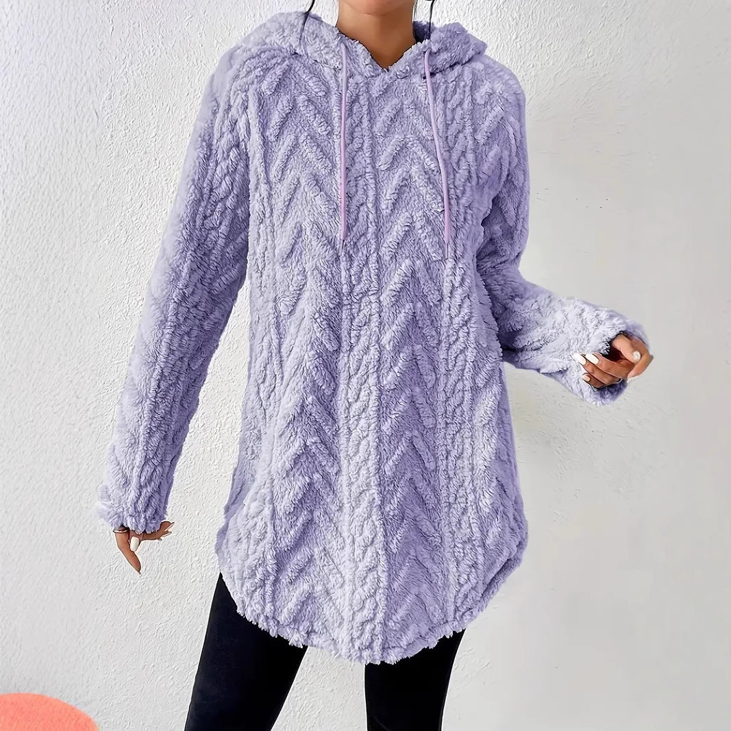 Women's cozy hooded jacket made of teddy fleece with cable pattern and gathered hem Mune Fashion
