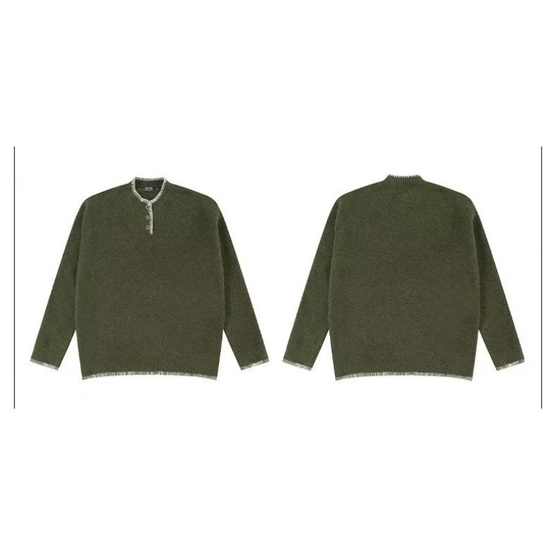 Men's chunky knit Henley pullover with boucle look and contrast cuffs Mune Fashion