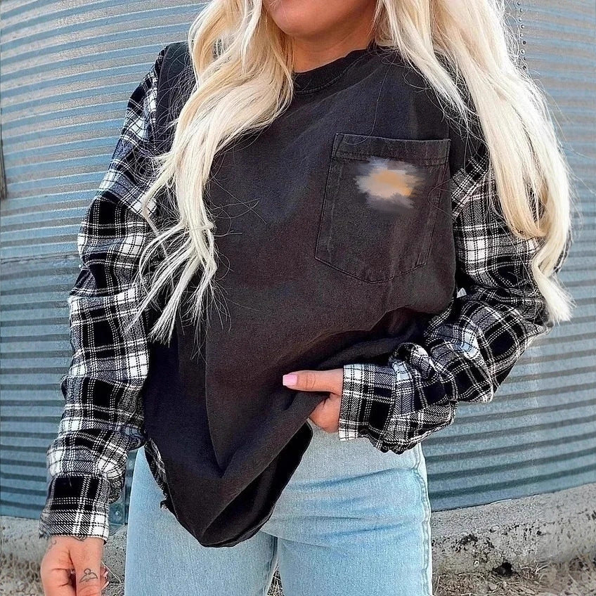 Women's oversized sweatshirt in mixed materials with checkered sleeves and applied chest pocket Mune Fashion