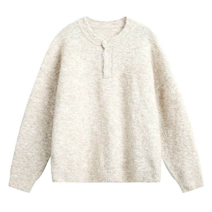Unisex Chunky Knit Henley Sweater with Round Neck and Button Placket Mune Fashion