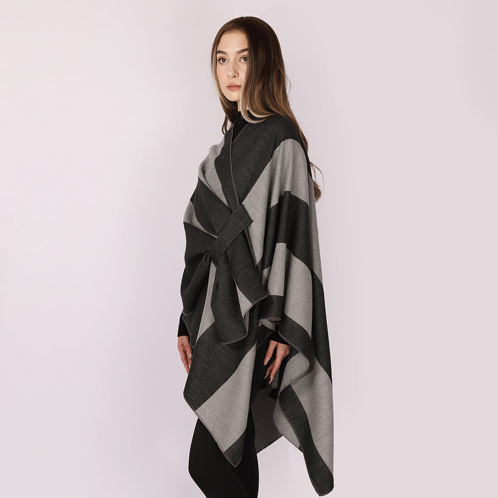 Women’s Wrap Cape with Wide Stripe Pattern and Ties Mune Fashion