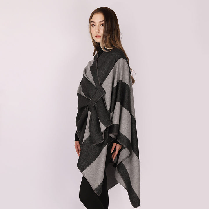 Women's Oversize Cape with Block Stripes and Tied Belt Mune Fashion