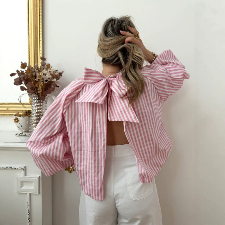 Women Backless Striped Blouse Top with Bow Collar Mune Fashion