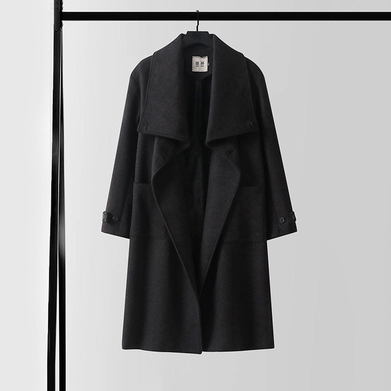 Ladies Elegant long wool mix cocoon coat with overlapping shawl collar and patch pockets Mune Fashion