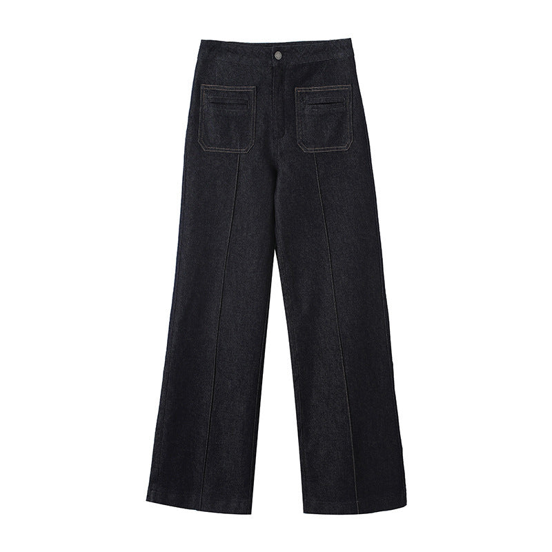 Women's High-Waist Wide Denim Trousers with Continuous Center Seam and Sewn-On Pockets Mune Fashion