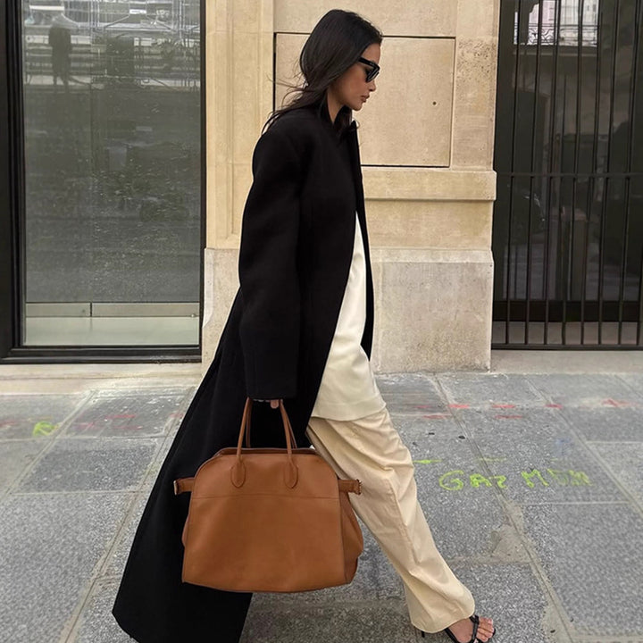 Women's Sculptural Midi Coat with Distinctive Shoulder Design and Concealed Button Placket Mune Fashion