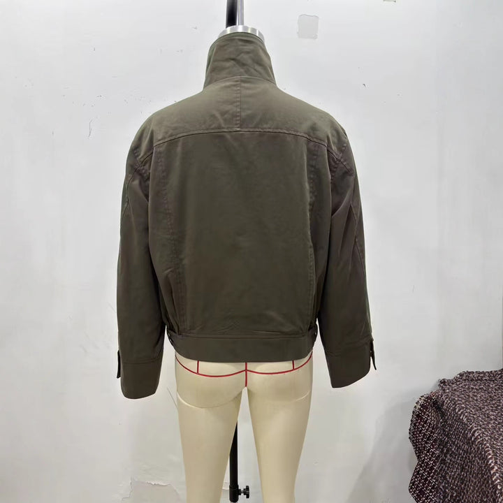 Women's short jacket with high stand-up collar, concealed zipper, and waist belt Mune Fashion