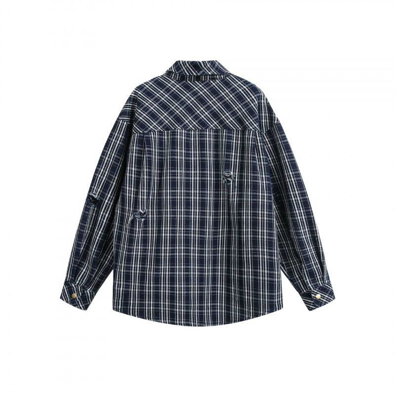 Unisex Boxy Shirt Jacket in plaid flannel look with patch chest pockets and used details Mune Fashion