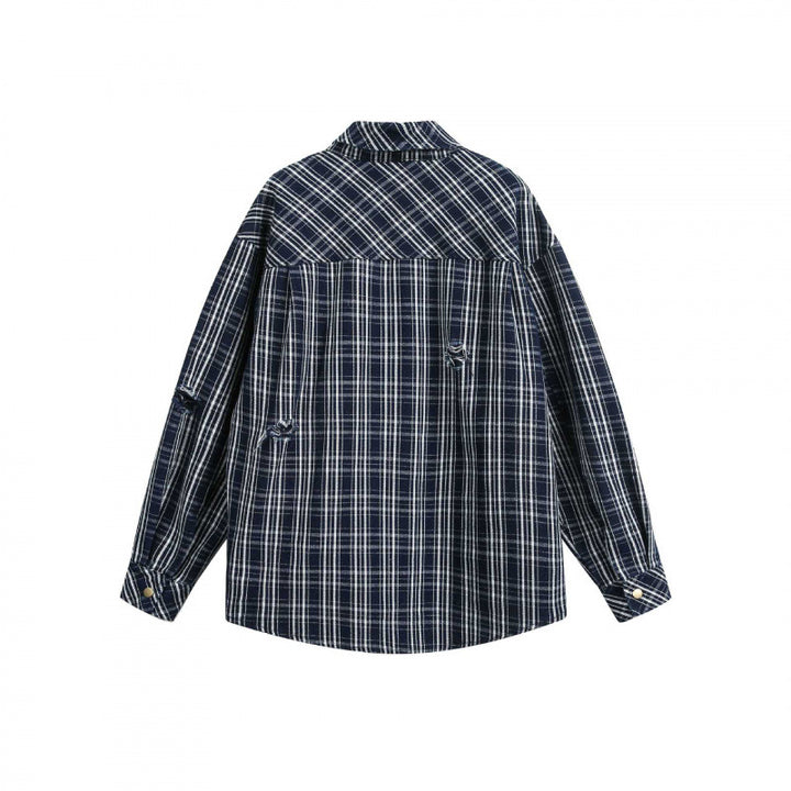 Unisex Boxy Shirt Jacket in plaid flannel look with patch chest pockets and used details Mune Fashion