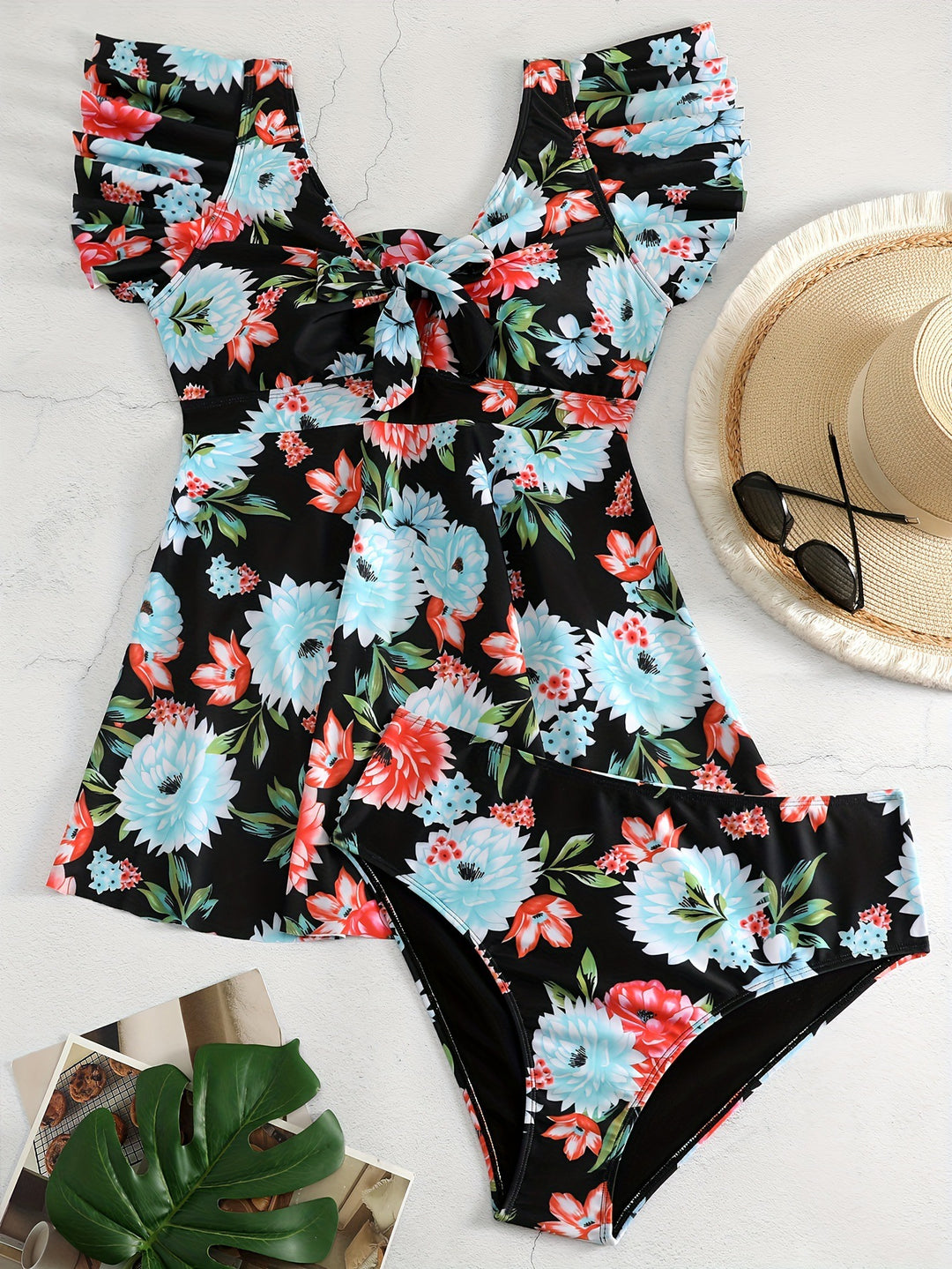 Women's One-Piece Swimsuit with Ruffle Details and Floral Design Mune Fashion
