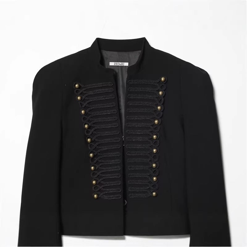 Ladies short blazer in hussar style with braided breastplate and brass buttons Mune Fashion