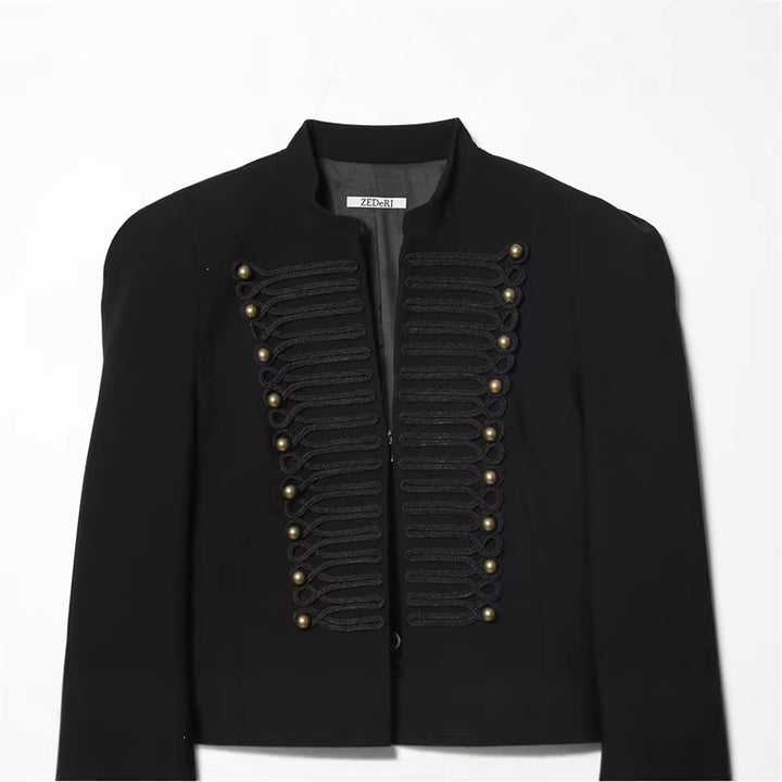 Ladies short blazer in hussar style with braided breastplate and brass buttons Mune Fashion