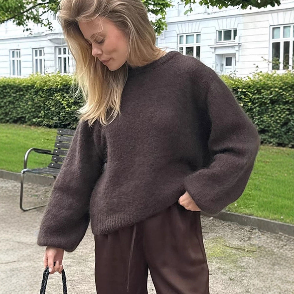 Women Fluffy Round Neck Sweater with Balloon Sleeves and Boxy Silhouette Mune Fashion
