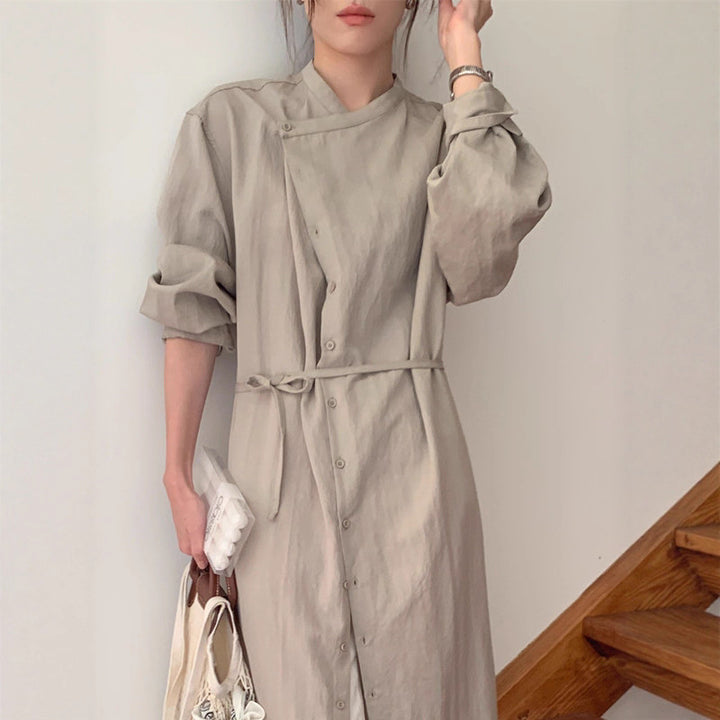 Women Long Shirt Dress with V-neck, full-button placket, and waist belt Mune Fashion