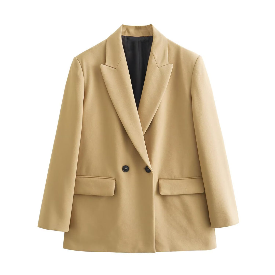 Women's Double-Breasted Blazer with Lapel Collar, Longer Oversized Cut and Flap Pockets Mune Fashion