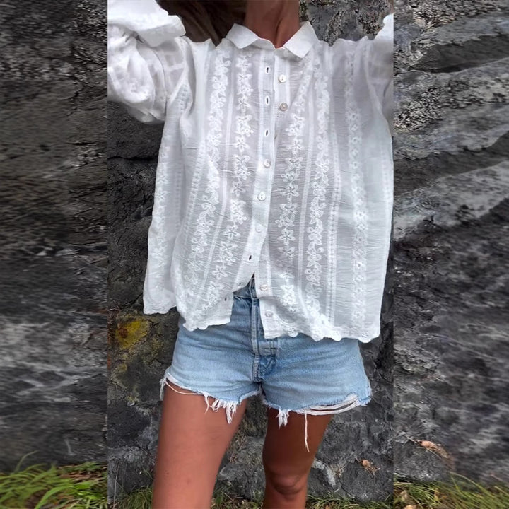 Women nan embroidered blouse with floral openwork embroidery, pearl button placket and casual oversized fit Mune Fashion