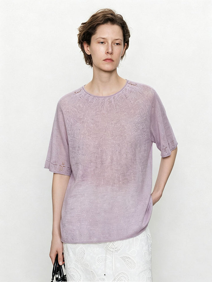 Ladies Lightweight Fine Knit Top with Half Sleeves, Round Neck and Fine Lace Pattern Mune Fashion