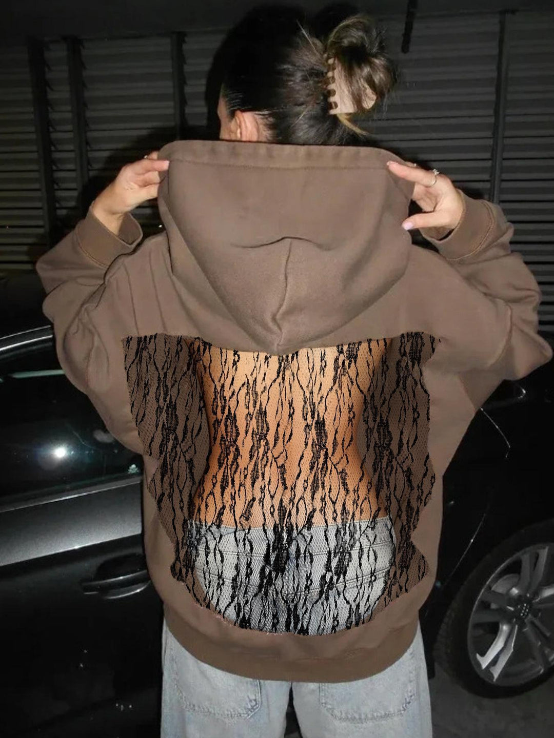 Women's hoodie with glittering mesh back application Mune Fashion