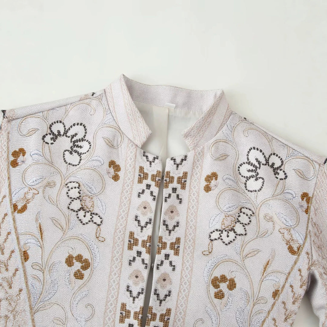 Ladies nan ornamental stick jacket in boxy cut with stand-up collar and decorative border Mune Fashion