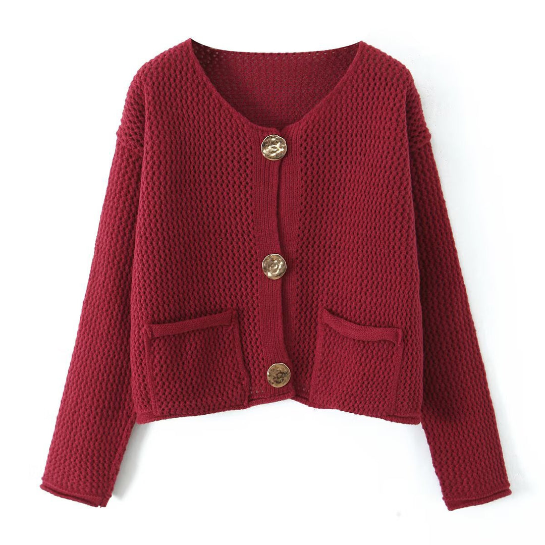 Ladies Light Open Hole Knit Cardigan with Decorative Buttons and Patch Pockets Mune Fashion