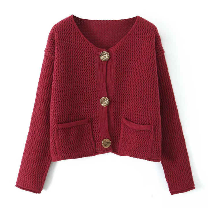 Ladies Light Open Hole Knit Cardigan with Decorative Buttons and Patch Pockets Mune Fashion
