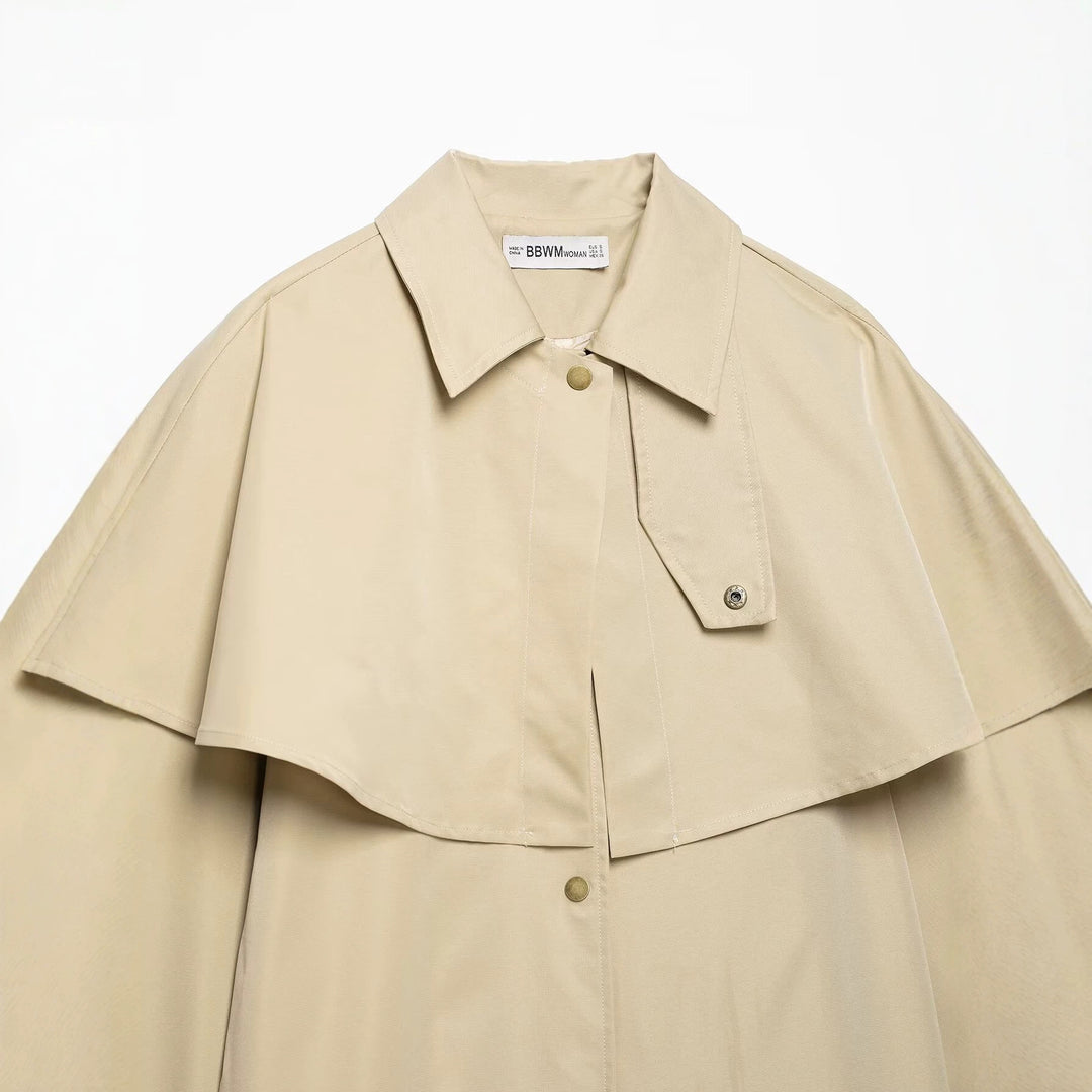 Women's Lightweight Trench Coat with Shoulder Cape and Snap Button Closure Mune Fashion