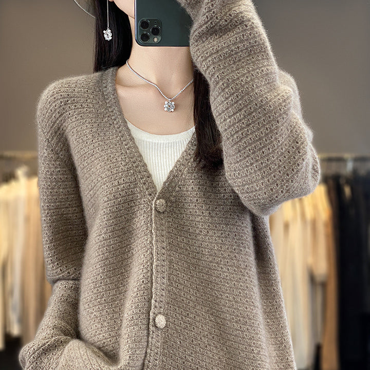 Women's Open Ajour Knit Cardigan with Subtle Plush Finish and Boxy Oversize Silhouette Mune Fashion