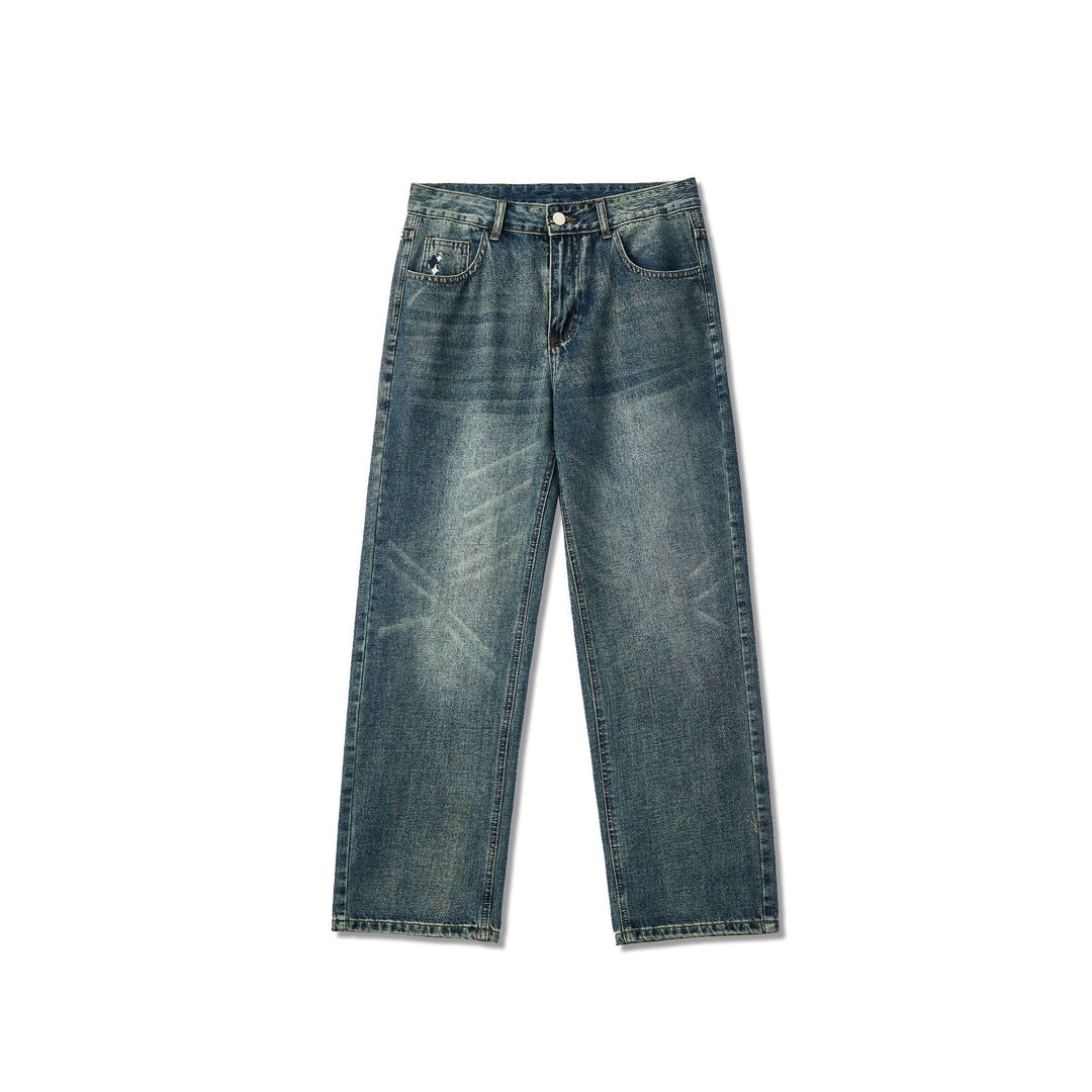 Men's straight cut wide jeans with high waistband and vintage wash Mune Fashion