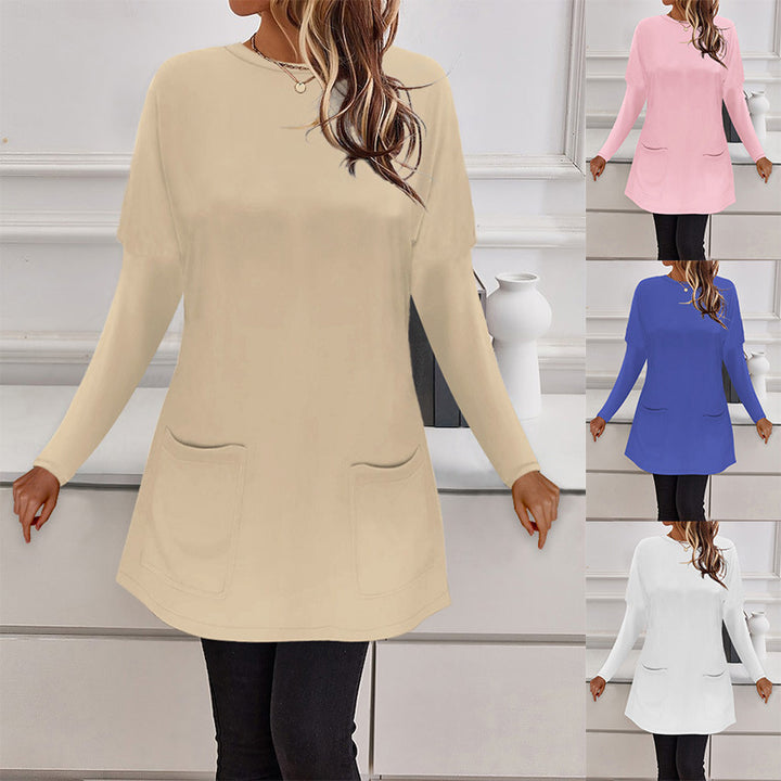 Women's Longline Fine Knit Tunic with Round Neckline and Patch Pockets Mune Fashion