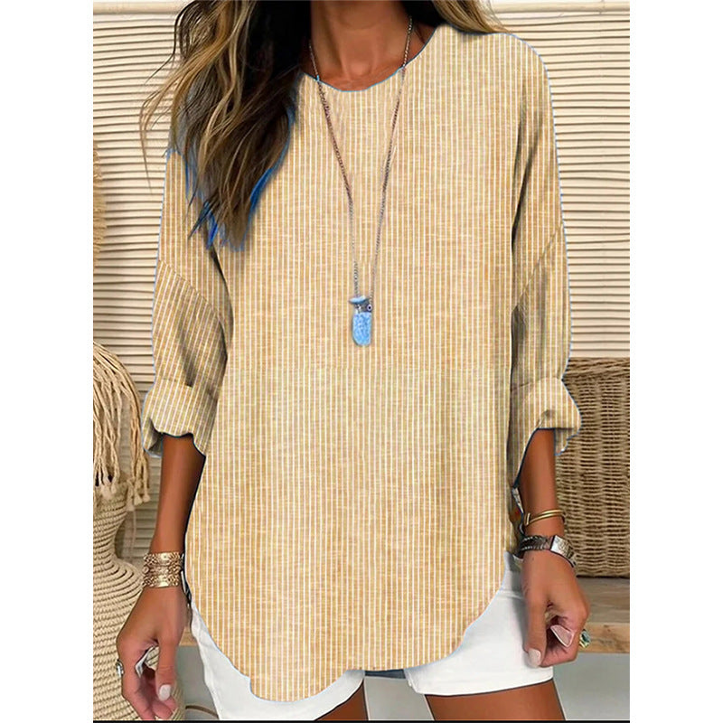 Women Casual Linen Look Long Blouse with Fine Stripes Mune Fashion