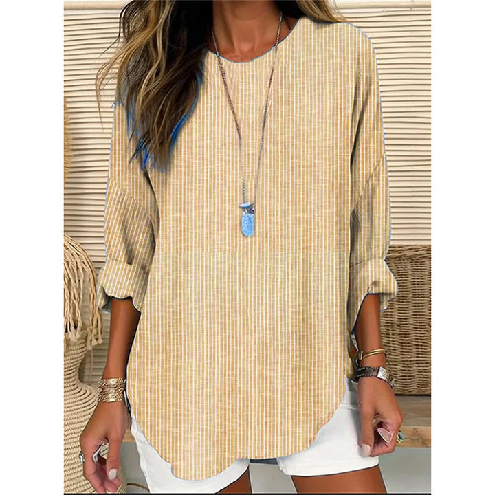 Women Casual Linen Look Long Blouse with Fine Stripes Mune Fashion